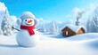 © Andrii  - Snowman dressed warmly outside a snowy log cabin