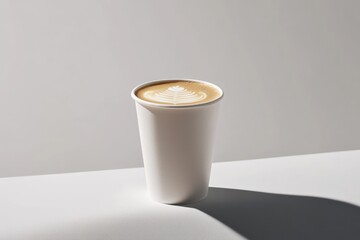 Poster - A minimalist white cup of coffee with latte art on a clean, light surface.