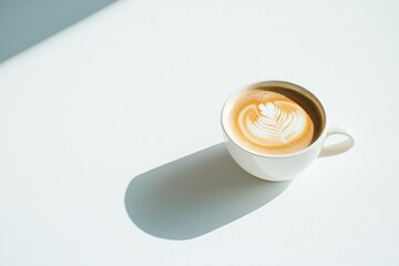 Poster - A latte art coffee cup on a minimalist white surface, showcasing its design and texture.