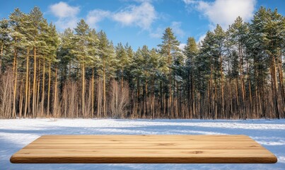 Aufkleber - A wooden table in a snowy landscape with tall trees under a blue sky.