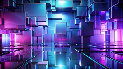 Leinwandbilder - A vibrant and futuristic abstract landscape of shimmering metallic cubes with neon light reflections.