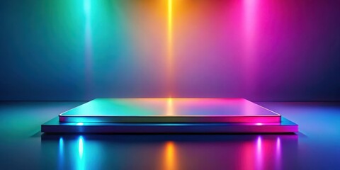 Aufkleber - A reflective platform bathed in a vibrant array of colorful neon lights, creating a futuristic and eye-catching display