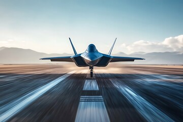 Poster - A fighter jet poised for takeoff on a runway, showcasing advanced technology and engineering.