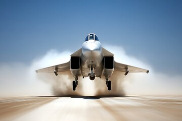 Poster - A fighter jet taking off, creating a cloud of dust on a runway under a clear blue sky.