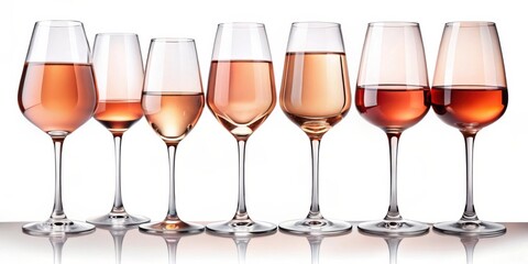 Poster - A row of six wine glasses filled with varying shades of rose wine, showcasing a spectrum of colors and textures