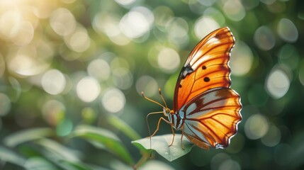 Wall Mural - A butterfly perched on the edge of a leaf, its wings spread out in full glory