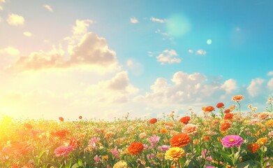Poster - A vibrant field of colorful flowers under a bright sky at sunset.