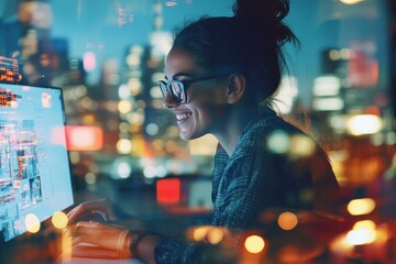 Aufkleber - A woman smiles while working on a computer at night, with city lights in the background.