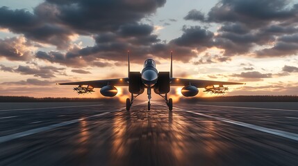 Poster - A military fighter jet on a runway during sunset, symbolizing power and aviation.