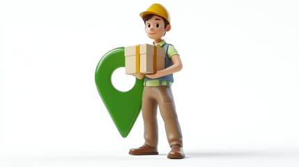 Poster - A cartoon delivery worker holding a package next to a location pin symbol.