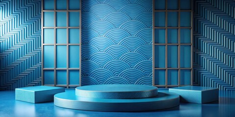 Fototapete - Abstract Minimalist Blue Geometric Display with a Modern Design Featuring a Circular Platform and Rectangular Blocks