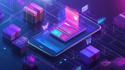 Poster - A cell phone screen shows a shopping cart icon and a shopping cart icon