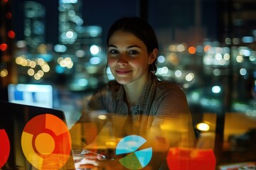 Aufkleber - A woman working on a laptop at night, illuminated by colorful reflections.