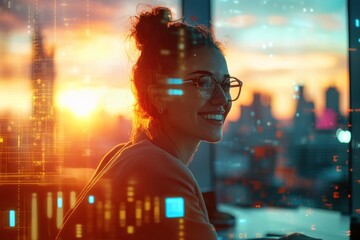 Aufkleber - A woman with glasses smiles against a sunset backdrop, surrounded by digital overlays.