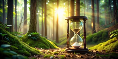 Aufkleber - An hourglass sits on the forest floor, its sands slowly flowing as sunlight streams through the trees, a reminder of time's passage in nature's embrace.