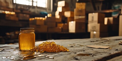Poster - A jar of amber liquid sits on a table with scattered beads, surrounded by cardboard boxes.