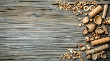Poster - A collection of wooden objects and natural materials arranged on a textured wooden surface.