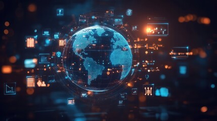 Poster - A computer generated image of a globe with many icons and numbers surrounding it