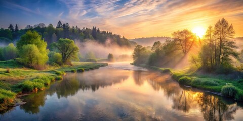Aufkleber - A serene river winds through a misty forest, bathed in the golden glow of a sunrise, creating a picturesque landscape.