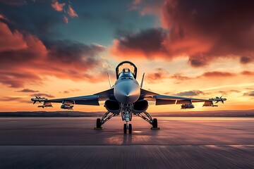 Poster - A military jet on an airfield at sunset, showcasing its sleek design and powerful presence.
