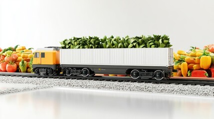 Poster - A model train transporting a container filled with fresh vegetables along a colorful display.