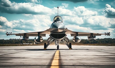 Poster - A military jet positioned on a runway under a cloudy sky, showcasing its design and power.