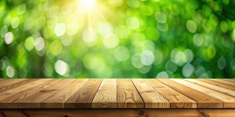Poster - A Wooden Tabletop in Front of a Defocused Green Background with a Sunbeam Shining Through