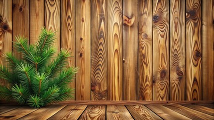 Poster - Rustic wooden wall with a single pine branch in the foreground, creating a natural and cozy backdrop
