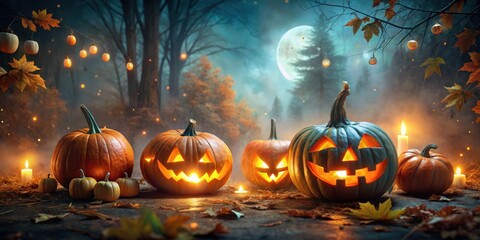 Poster - Glowing Jack-o'-lanterns illuminate a misty forest path, casting an eerie glow under a full moon, creating a perfect scene for a spooky Halloween night.