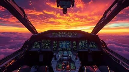 Poster - Cockpit view during a vibrant sunset above the clouds, showcasing flight instruments.