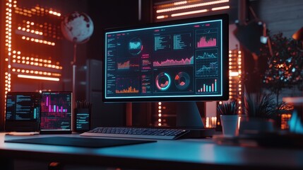 Poster - A computer monitor displays a number of graphs and charts