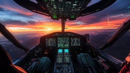 Poster - A cockpit view of an aircraft during a vibrant sunset.