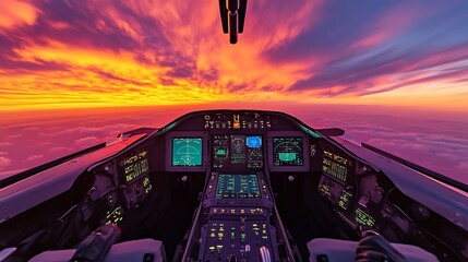 Poster - Cockpit view during sunset, showcasing instruments and controls.