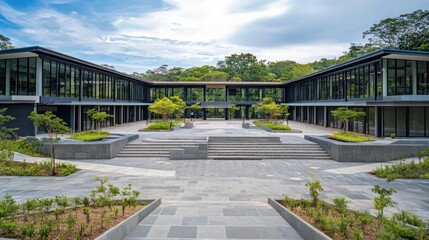 Poster - Modern architectural structure with glass facades and landscaped surroundings.
