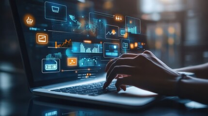 Poster - A person is typing on a laptop with a screen displaying a variety of icons