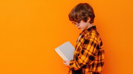 Aufkleber - A young boy in glasses holds a book against a vibrant orange background.