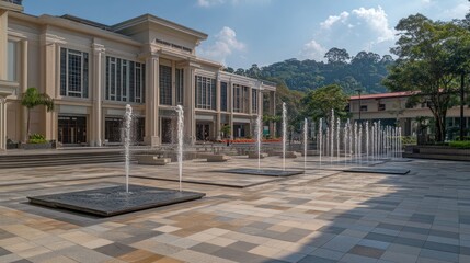 Poster - A modern plaza featuring fountains, surrounded by elegant architecture and greenery.