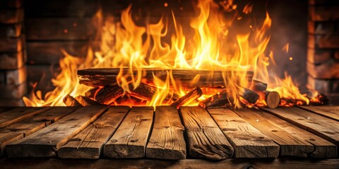 Aufkleber - A rustic wooden tabletop with a roaring fire burning in the background, perfect for showcasing products or creating a cozy atmosphere.