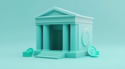 Poster - A stylized bank building with currency symbols in a minimalist design.