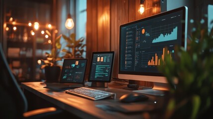 Fototapete - A computer desk with a monitor, keyboard, and mouse