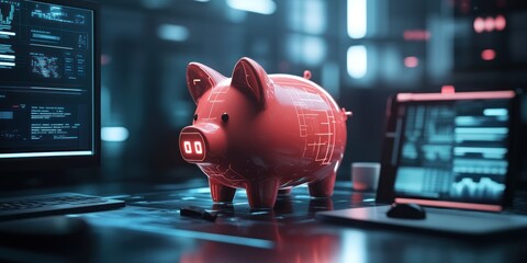 Poster - A futuristic piggy bank surrounded by technology and data analytics.