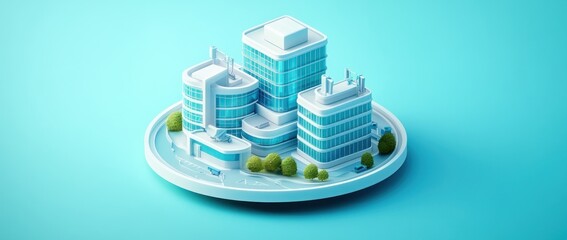 Aufkleber - A stylized depiction of modern office buildings on a circular base.