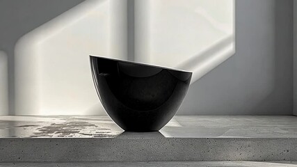 Poster - A black bowl rests on a smooth stone countertop, showcasing its minimalist design. Sunlight casts soft shadows, emphasizing the bowl's shape and the serene ambiance of the setting.