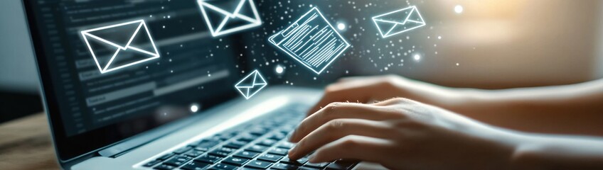 Aufkleber - A person typing on a laptop with floating email icons, symbolizing digital communication.