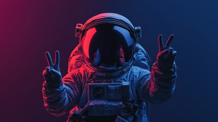 Poster - An astronaut making a peace sign against a colorful background.