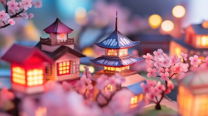 Poster - A serene miniature landscape featuring illuminated traditional buildings and cherry blossoms.