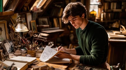 Poster - A young artist sketches in a cozy, book-filled workspace.