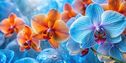 Poster - A close-up view of vibrant orange and blue orchid blossoms, showcasing intricate details and delicate textures