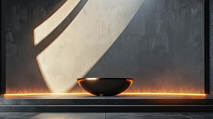 Poster - Soft light streams across a minimalist space, highlighting a dark bowl that rests on a raised platform. The warm glow creates a tranquil atmosphere, enhancing the modern design.