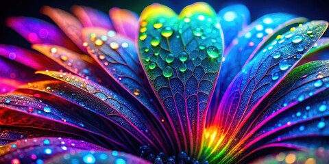 Poster - Close-up view of a vibrant flower with iridescent petals covered in glistening dew drops, showcasing the captivating beauty of nature's artistry.